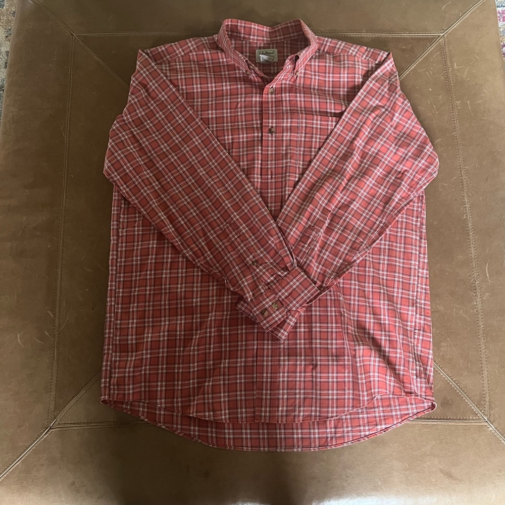 LL Bean men’s long-sleeve orange, blue & white button down shirt - Large/Reg